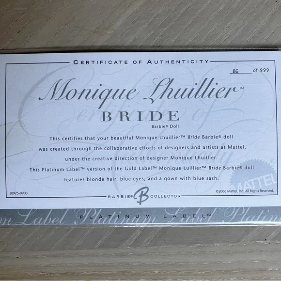 MONIQUE LHUILLIER Platinum Label Blonde Bride Barbie Collector Doll 2006 NIB - Picture 15 of 16